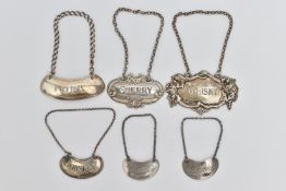 SIX SILVER DECANTER AND TOT LABELS, comprising an early 19th century Scottish 'PORT' label, makers