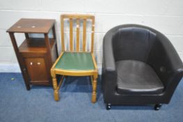 A BROWN LEATHERETTE TUB CHAIR, another chair and a mahogany single door pot cupboard (condition