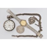 A SILVER 'WALTHAM' POCKET WATCH AND ALBERT CHAIN, key wound, open face pocket watch, round white