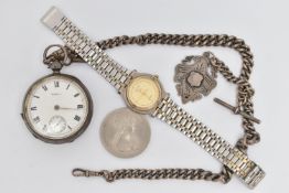 A SILVER 'WALTHAM' POCKET WATCH AND ALBERT CHAIN, key wound, open face pocket watch, round white