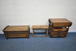 THREE PIECES OF 20TH CENTURY OAK OCCASIONAL FURNITURE, to include a two tier drop leaf trolley, with