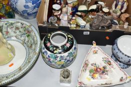 A BOX AND LOOSE CERAMICS AND SUNDRY ITEMS, to include a Wade Heath Art Deco style jug, Royal Doulton