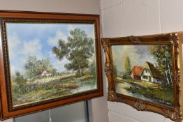TEN DECORATIVE 20TH CENTURY LANDSCAPE OILS ON CANVAS AND BOARD, comprising a river landscape with