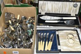 TWO BOXES OF METALWARE, to include Arthur Price cutlery, a boxed set of fish servers, a