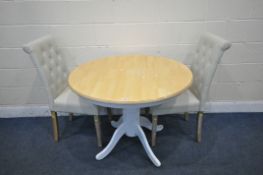 A MODERN PARTIALLY PAINTED CIRCULAR PEDESTAL TABLE, diameter 102cm x height 77cm, along with two