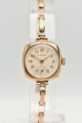 A 1950'S 9CT GOLD HIRCO WRISTWATCH, the circular white/cream dial with gold coloured Arabic numerals