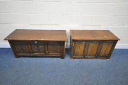 TWO 20TH CENTURY OAK BLANKET CHESTS, the largest with carved front panels, width 112cm x depth