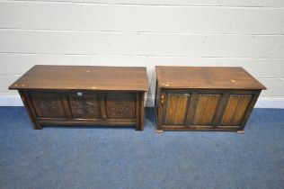 TWO 20TH CENTURY OAK BLANKET CHESTS, the largest with carved front panels, width 112cm x depth