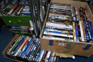 FIVE BOXES OF DVDS, to include classic films, modern feature films, and tv box sets, box sets
