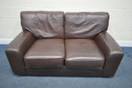A BROWN LEATHER TWO SEATER SOFA, length 153cm x depth 95cm x depth 68cm (condition report; general