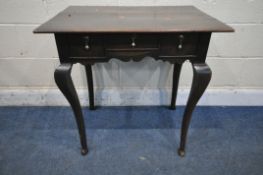 A GEORGIAN OAK SIDE TABLE, fitted with three frieze drawers, a wavy apron, on cabriole legs, width