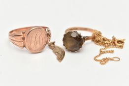 FOUR ITEMS OF JEWELLERY, to include an Edwardian 9ct gold signet ring with engraved monogram to