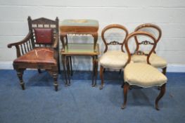 A SET OF THREE VICTORIAN WALNUT BALLOON BACK CHAIRS, a 20th century heavily carved oak armchair,