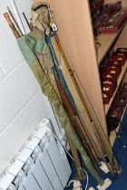 A GROUP OF FIVE FISHING RODS, comprising two vintage 12ft split cane salmon fly rod 'The Perfect'
