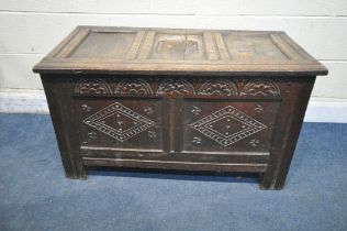 A GEORGIAN OAK COFFER, with carved paneled front, width 105cm x depth 55cm x height 58cm (