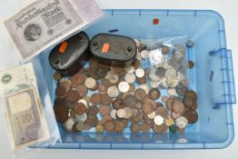 A PLASTIC BOX OF MIXED WORLD COINS, to include over 400 grams of mixed silver coins, two