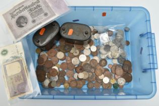 A PLASTIC BOX OF MIXED WORLD COINS, to include over 400 grams of mixed silver coins, two