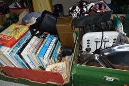 THREE BOXES OF KITCHEN EQUIPMENT, BOOKS AND SUNDRIES, to include a Morphy Richards four slice