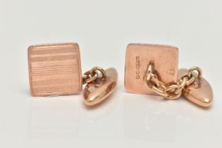 A PAIR OF 9CT GOLD CUFFLINKS, each designed as a square panel with banded decoration, to the chain