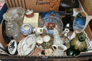 ONE BOX OF CERAMICS, A BOXED DUALIT TOASTER AND LARGE CARVED FIGURINE, to include a boxed white