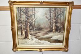 A SMALL QUANTITY OF PAINTINGS AND PRINTS, to include a late 20th century winter landscape signed