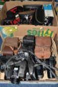 TWO BOXES OF CAMERAS AND BINOCULARS, to include a Canon PowerShot A710 IS digital camera, two