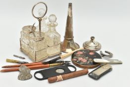 A BOX OF ASSORTED ITEMS, to include an AF silver posy vase, broken from the base, hallmarked