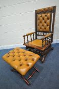A 20TH CENTURY MAHOGANY AMERICAN ROCKING CHAIR, with tanned leather buttoned upholstery, width