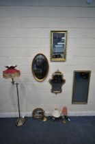A SELECTION OF VARIOUS MIRRORS AND LAMPS, to include a Clark Eaton foliate gilt frame wall mirror, a