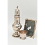 THREE PIECES OF 20TH CENTURY SILVER, comprising a George VI sugar caster of baluster form, foliate