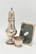 THREE PIECES OF 20TH CENTURY SILVER, comprising a George VI sugar caster of baluster form, foliate