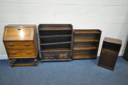 FOUR PIECES OF 20TH CENTURY OAK FURNITURE, to include a bureau, the fall front door enclosing a