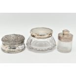 A SMALL ASSORTMENT OF SILVER, to include a silver lidded glass perfume bottle, hallmarked 'Cornelius