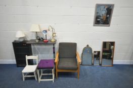 A SELECTION OF OCCASIONAL FURNITURE, to include a gilt metal framed wall mirror, with foliate