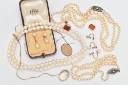 ASSORTED JEWELLERY, to include a pair of AF yellow metal non-pierced carnelian shield shape