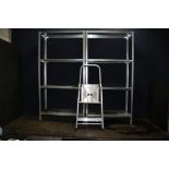TWO MODERN LIGHTWEIGHT WORKSHOP SHELVING UNITS width 71cm depth 30cm height 140cm with four