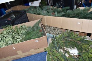 FIVE BOXES AND LOOSE CHRISTMAS TREES AND DECORATIONS, to include a 7ft artificial pine tree with