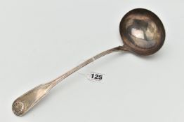 A GEORGE III SILVER FIDDLE, THREAD & SHELL PATTERN SOUP LADLE, makers William Eley & William