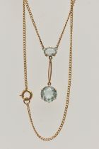 AN EDWARDIAN AQUAMARINE PENDANT NECKLACE, yellow metal, drop pendant set with a circular cut