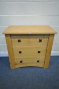 A SOLID CHEST OF THREE DRAWERS, with pine drawer linings, width 87cm x depth 46cm x height 87cm (