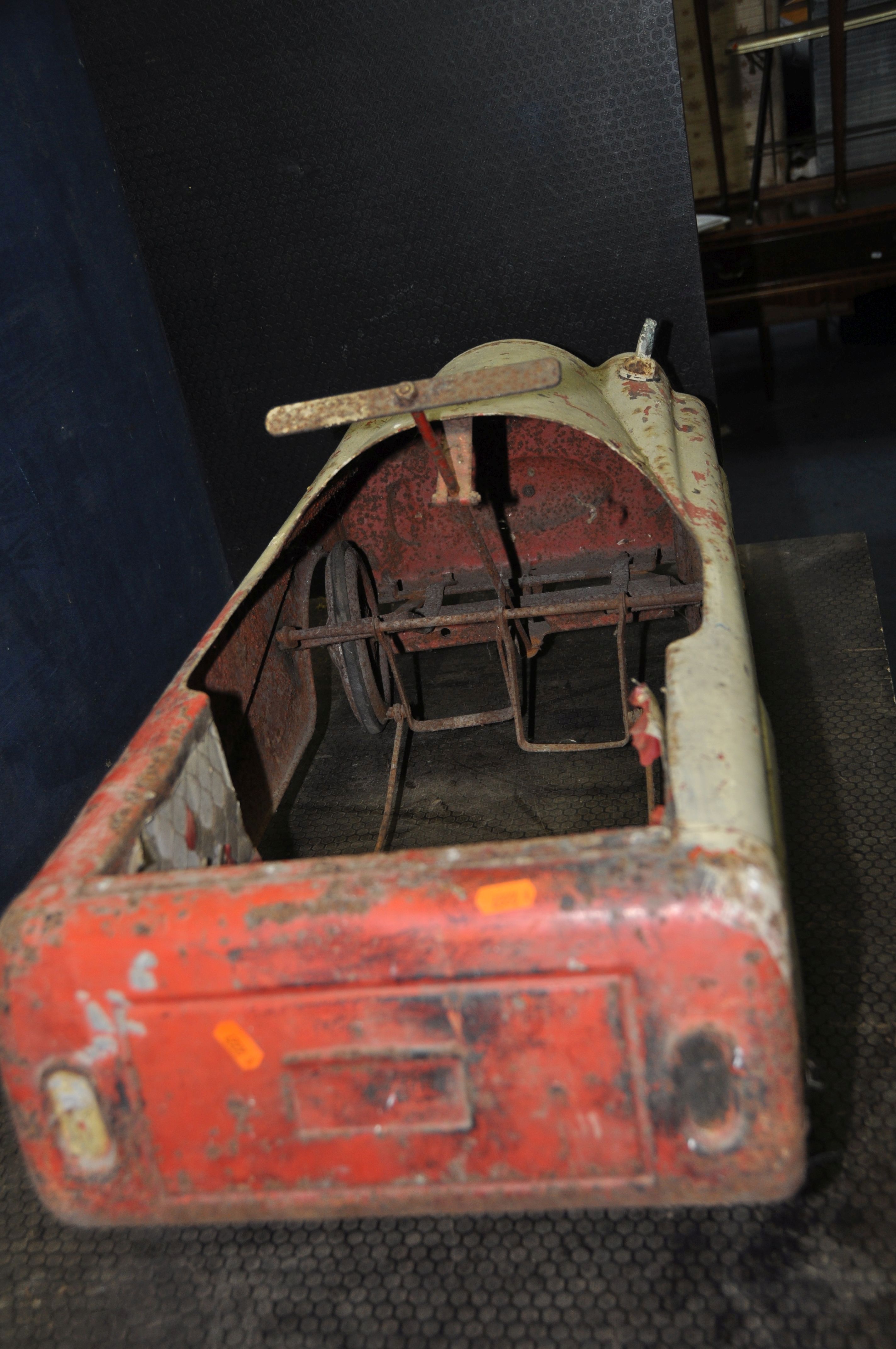 A 1950'S CHILDS TIN PLATE PEDAL CAR with distressed paint finish, total length 36in (Condition - Image 3 of 3