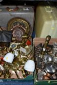 TWO BOXES OF METALWARE, to include stainless steel tea ware, Oberoi Brothers gilt metal wall lights,