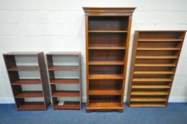 A YEW WOOD OPEN BOOKCASE, with four adjustable shelves and a single fixed shelf, width 81cm x