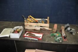 A BOX AND A TRAY CONTAINING TOOLS including a Marples M5 wood plane, a Marples wooden coffin