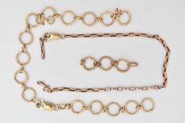 TWO YELLOW METAL BROKEN CHAINS, to include trace link chain with later added lobster claw clasp,