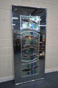 A LARGE DECORATIVE RECTANGULAR MIRROR, the three panels with a configuration of fused glass, 209cm x