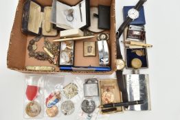 A BOX OF ASSORTED ITEMS, to include an assortment of medals, a 'Stratton' compact, a 'Mosda'