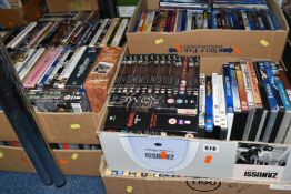 SIX BOXES OF DVDS containing over 310 miscellaneous Film and TV titles including box sets