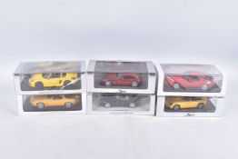 SIX BOXED SPARK MODEL MINIMAX VEHICLES 1:43 SCALE, to include a Porsche 928 GTS in Yellow,
