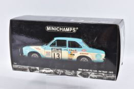A BOXED MINICHAMPS FORD ESCORT I RS 1600 RAC RALLY 1973 1:18 DIECAST MODEL VEHICLE, numbered 100